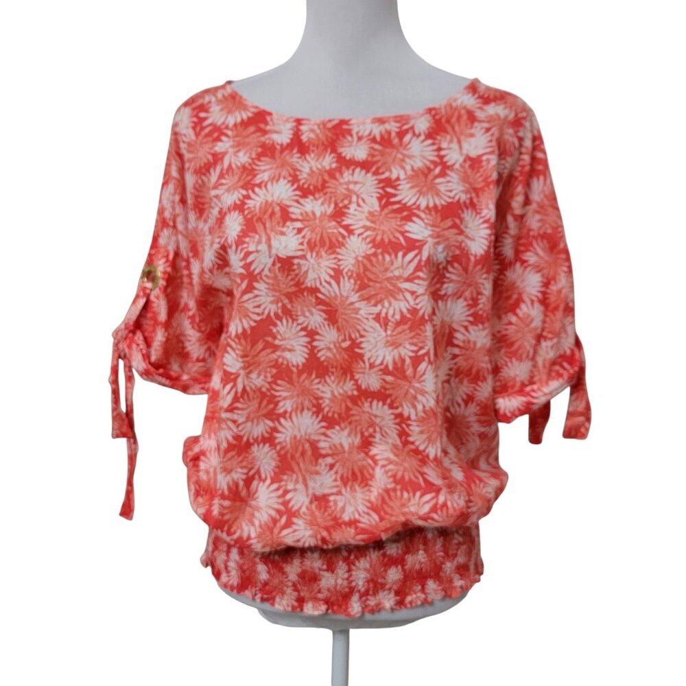 MICHAEL Michael Kors Size XL Coral White Palm Pattern Kimono Sleeve Blouse - Picture 4 of 15